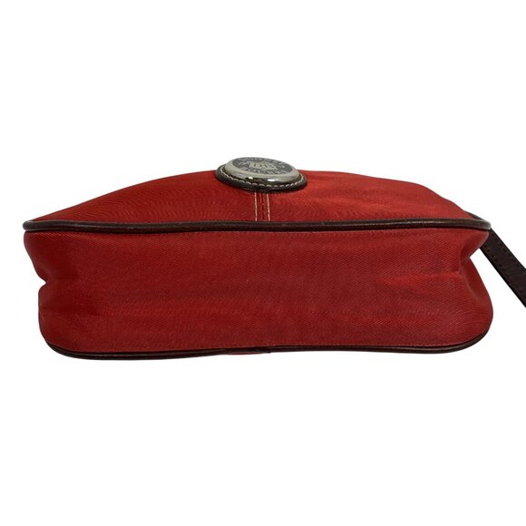 Dooney Bourke Red Nylon Brown Leather Wallet Handbag Wristlet DB Silver Logo - Picture 3 of 8